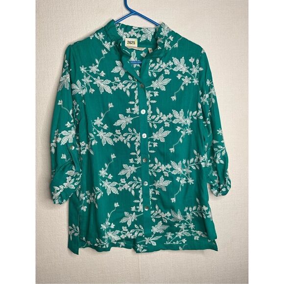 SOFT SURROUNDINGS Green‎ Embroidered Roll Tab Sleeve Tunic Linen  Blouse Sz PS - Picture 4 of 11